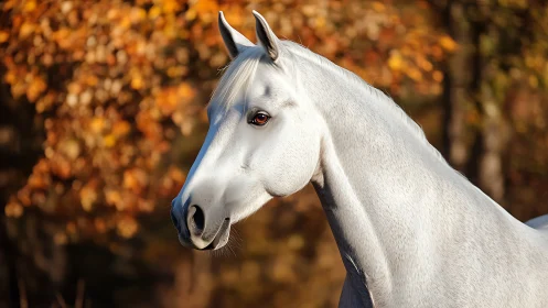 Graceful white horse profile amid soft autumn bokeh.