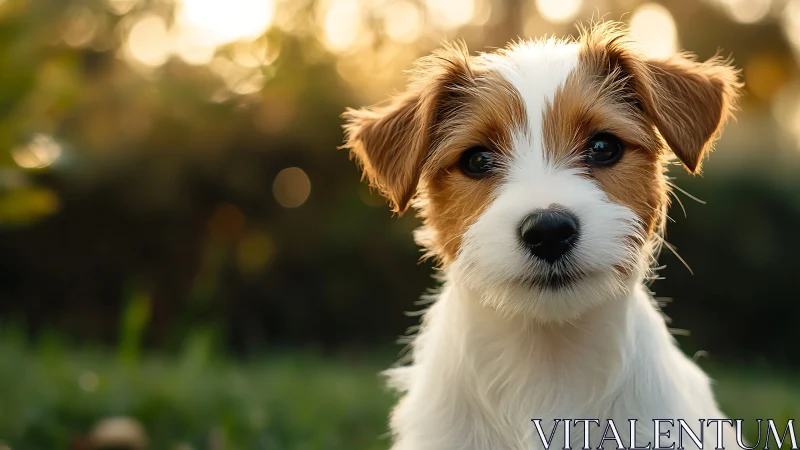 Small brown and white dog sits outdoors in soft evening light