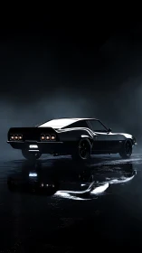 Midnight muscle car poised on wet reflective asphalt surface.