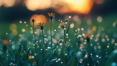 Wildflowers covered in dewdrops at sunrise with golden bokeh background.