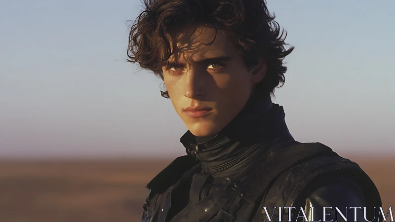 Brooding young wanderer gazes across a quiet desert horizon