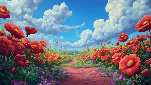 Crimson poppies lean into a sky piled high with roaming clouds