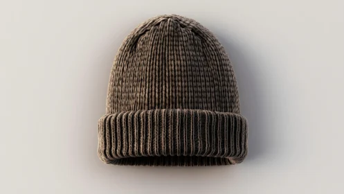 Cozy brown knitted beanie hat on minimalist light background.