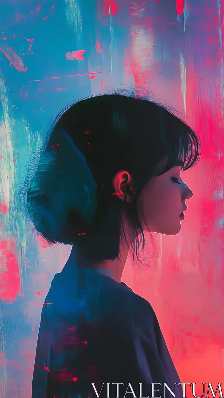 Neon-lit side profile portrait against abstract color field.