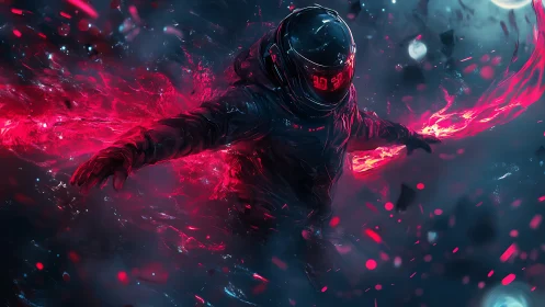 Starlit drifter rides a neon crimson current through void