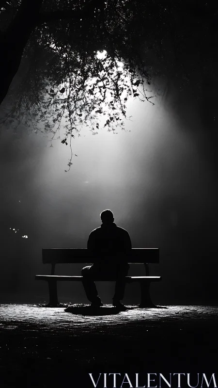 Solitary figure on park bench under stark backlight.