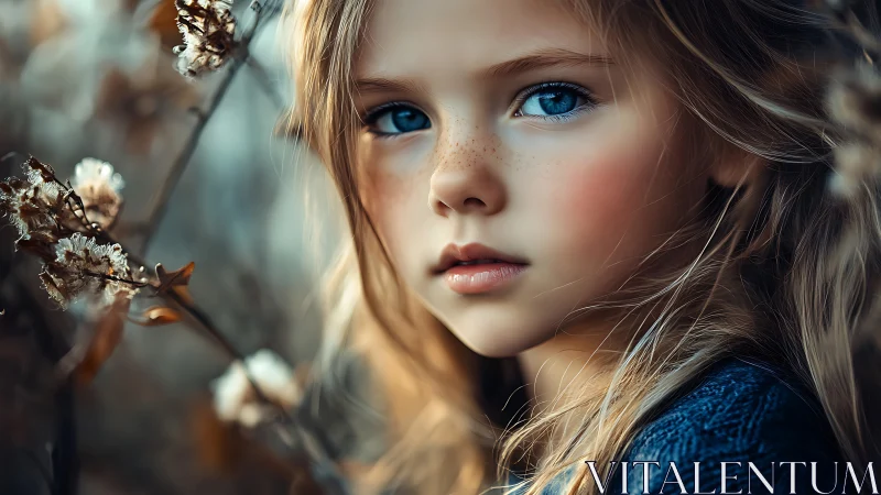 Portrait of Young Subject with Chromatic Iris Pigmentation and Botanical Framing Element.