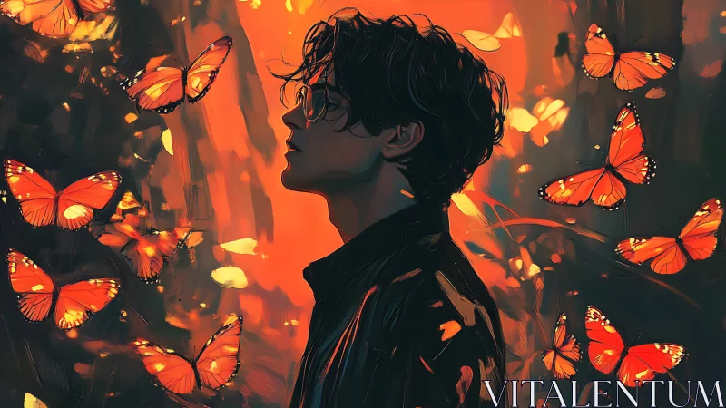 Silhouetted youth surrounded by glowing orange butterflies.