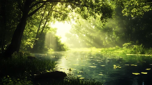 Backlit forest pond with floating lily pads and dense foliage