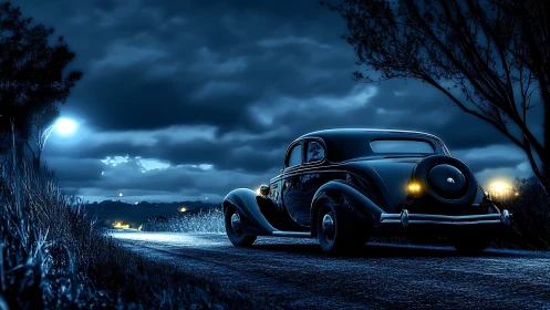Vintage black car parked on rural road under moonlit sky.