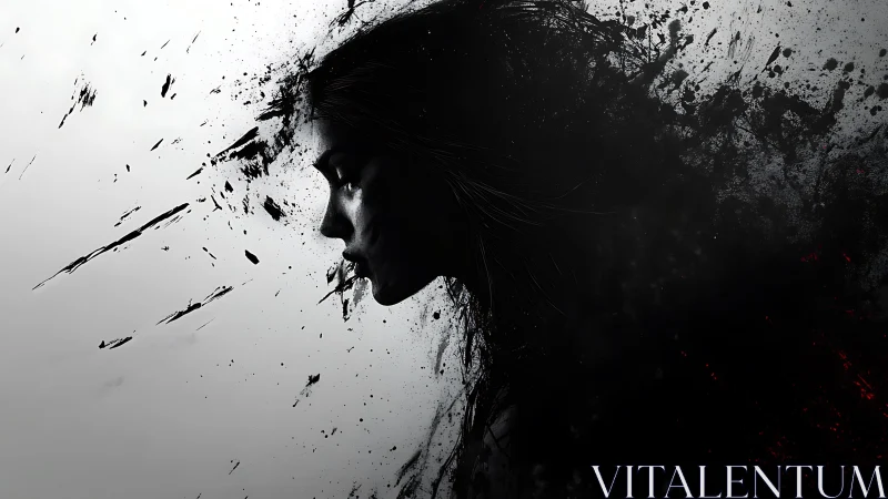 Monochrome female profile dissolving into dynamic ink splatter