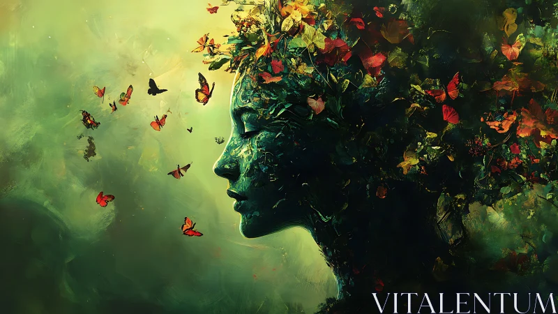 Surreal green female face merging with leaves and butterflies.