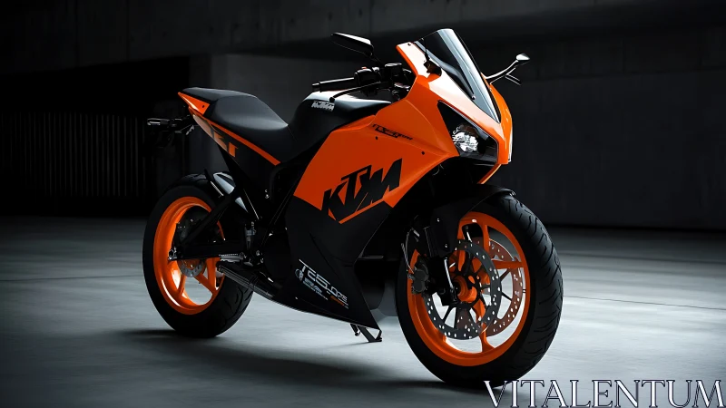 KTM orange sport motorcycle in studio, front three-quarter view