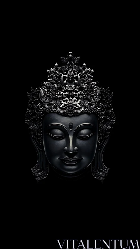 Black sculpted Buddha head with ornate crown on black background.