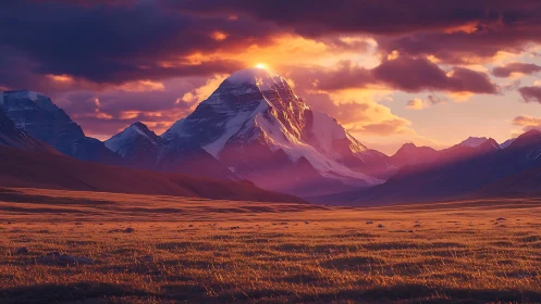 Sun crowned glacier giant bathing in emberstorm twilight.