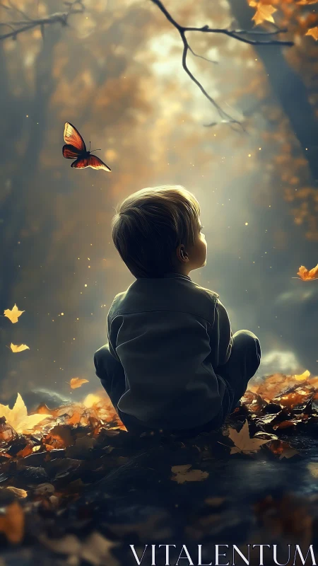Young boy watching butterfly in soft autumn forest light.