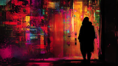 Silhouette stands before vertically layered neon color fields