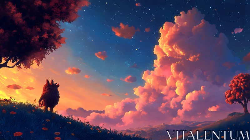 Creature on hillside under sunset clouds and night sky.