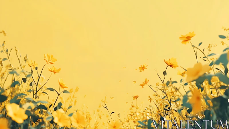 Yellow flowers against bright golden sky at sunset.