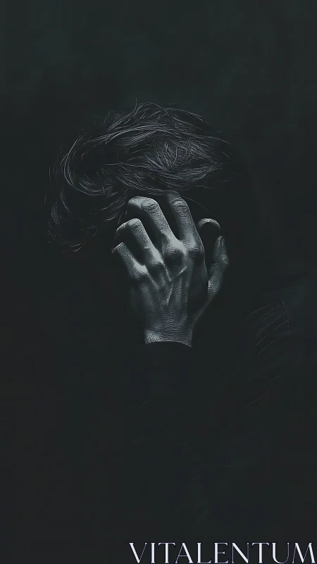 Moody portrait of a person hiding face in shadowed hand.