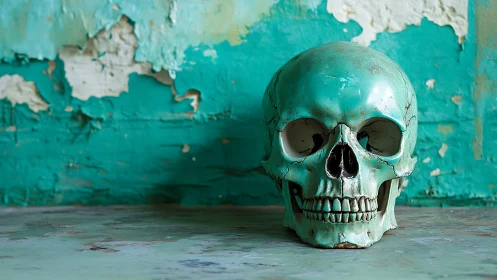 Photoreal still life of teal skull against distressed wall.