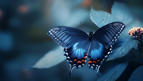 Macro telephoto capture of vivid blue swallowtail butterfly