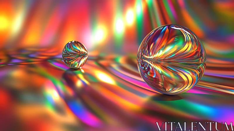 Two reflective glass spheres rest on multicolored surface