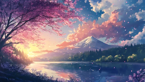 Sunlit cherry blossoms frame a snow-capped mountain vista