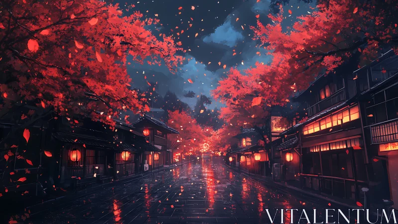 Night street with red maple trees and traditional buildings.
