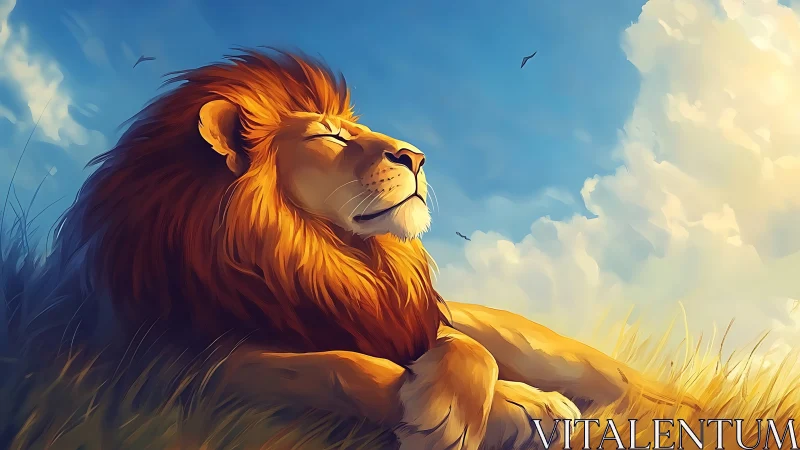 Majestic lion resting under radiant summer sky.