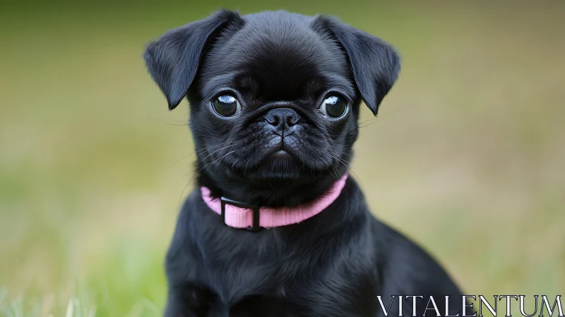 Velvet-eyed black pug puppy in soft meadow daydreams.