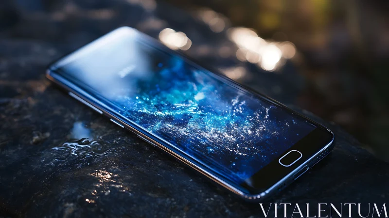 Smartphone lies on wet stone surface with bright display