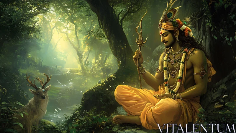 Gentle forest deity rests in golden light beside a calm deer