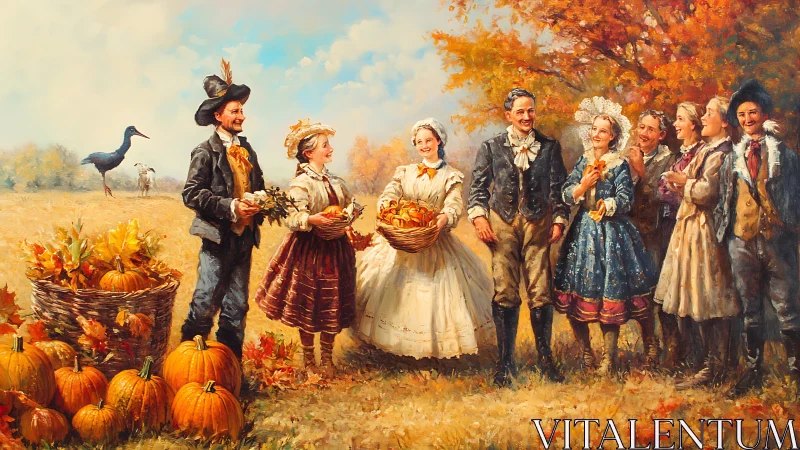 Colonial harvest festival gathering in luminous autumn field.