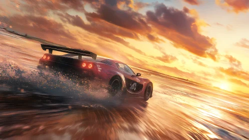 Sunset race car powers across a reflective ocean shoreline.