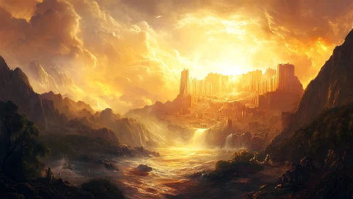 Golden fantasy citadel glowing above a misty river valley.