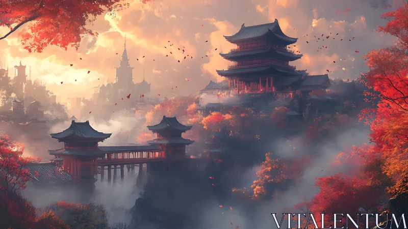 Sunlit mountain pagoda rises above crimson autumn mist