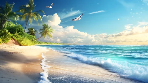 Golden shore welcomes gentle waves under bright blue skies