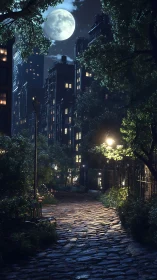 Moonlit garden alleyway threading softly through the city.