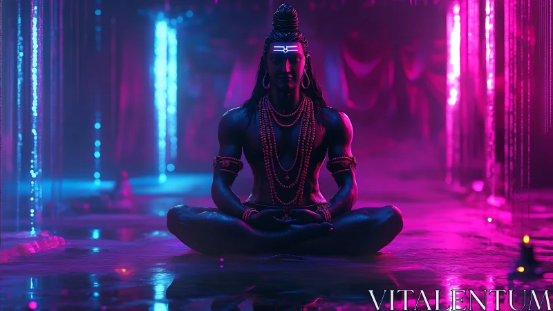 Neon-lit meditative deity in a dreamy cosmic temple glow.