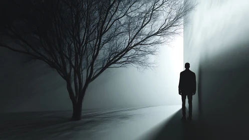 Silhouetted figure beside stark wall under barren tree.