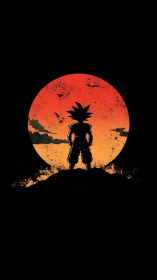 Lone warrior crowns a burning sunset moon of power.