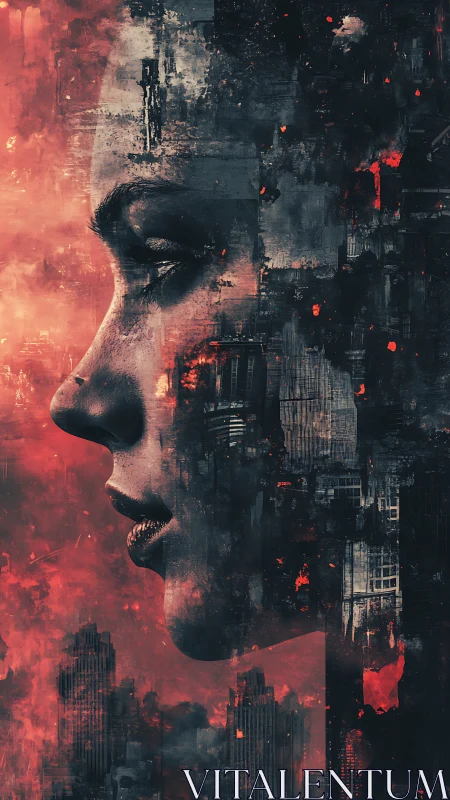 Profiled human face fused with dystopian cityscape textures
