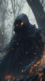 Hooded ember wraith with glowing eyes strides through burning forest