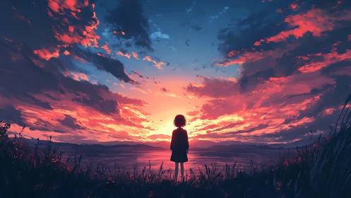 Silhouetted child observing vivid magenta and cyan sunset sky.