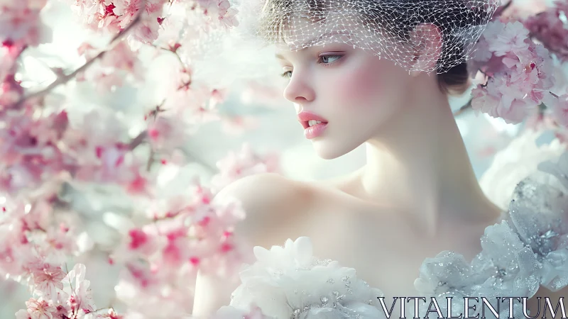 Bridal portrait amid soft pink blossoms, digital painting.