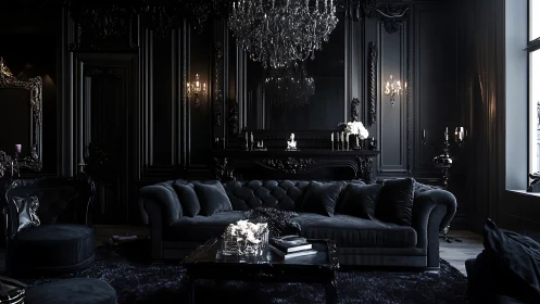 Velvet noir lounge beneath ornate crystal chandelier.