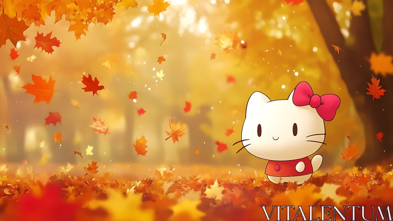 Gentle cartoon kitty strolls through a golden autumn dream