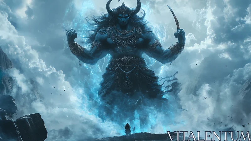 Colossal blue storm deity towering over lone mountain warrior.