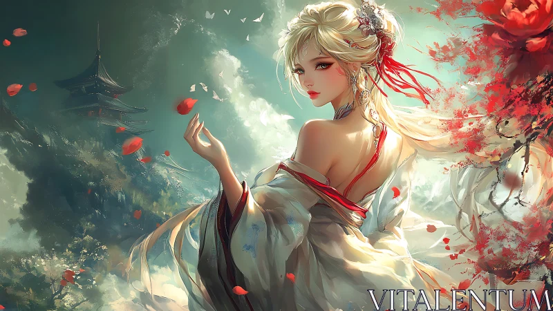 Backlit kimono-clad heroine amid dynamic petals and misty pagoda